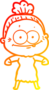 Bir insan tarafından çizilmiş mutlu, yaşlı bir kadının sıcak çizgi çizimi.