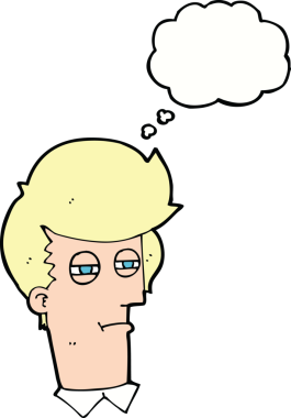 Bir insan tarafından çizilmiş düşünce baloncuğu olan şaşı gözlü çizgi film adamı.