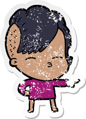 Bir insan tarafından çizilmiş, gözlerini kısan bir çizgi film karakterinin sıkıntılı çıkartması.