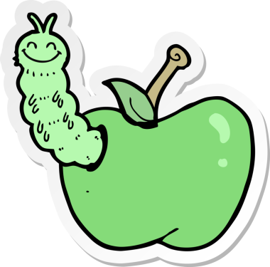 Bir insan tarafından çizilmiş elma yiyen bir çizgi film böceğinin çıkartması.