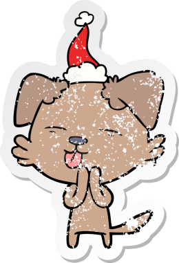 Bir insan tarafından çizilmiş Noel Baba şapkası takan, dili dışarı fırlamış bir köpeğin el çizimi karikatürü.
