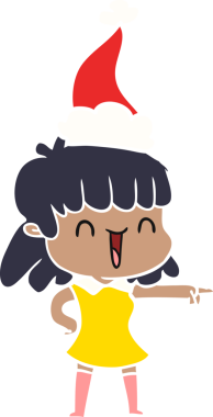 Bir insan tarafından çizilmiş Noel Baba şapkası takan mutlu bir kızın düz renkli çizimi.