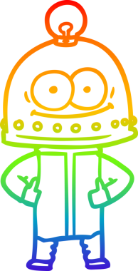 Gökkuşağı gradyan çizgisi mutlu bir karton robot çizimi ve bir insan tarafından çizilmiş ampul.