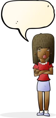 Bir insan tarafından çizilmiş bir konuşma balonuyla ayakta duran çizgi film kadını.