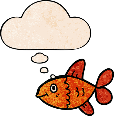 Bir insan tarafından çizilmiş grunge desenli düşünce baloncuklu çizgi film balığı.