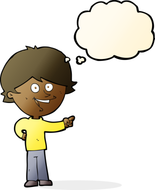 Çizgi filmci çocuk gülüyor ve bir insan tarafından çizilmiş düşünce balonuyla işaret ediyor.