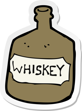 Bir insan tarafından çizilmiş eski bir viski şişesinin çıkartması.