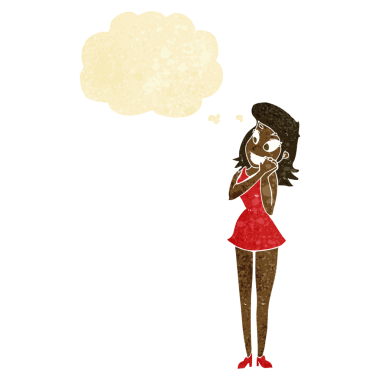 Bir insan tarafından çizilmiş düşünce baloncuğu olan heyecanlı bir kadın.