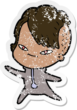 Hipster saç kesimi bir insan tarafından çizilmiş tatlı bir çizgi film kızına ait sıkıntılı bir etiket.