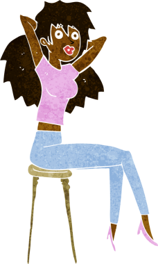 Bir insan tarafından çizilmiş tabureye poz veren çizgi film kadını.