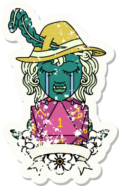 Retro Dövme Tarzı Ağlayan Ork Ozan Karakteri Bir insan tarafından çizilmiş doğal bir D20 rulo