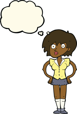 Bir insan tarafından çizilmiş düşünce baloncuğu olan elleri kalçasında bir karikatür kadını şaşırttı.