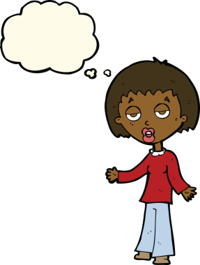 Bir insan tarafından çizilmiş düşünce baloncuğu olan yorgun bir kadın.