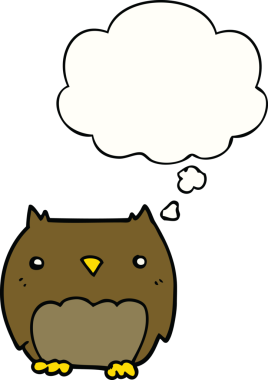 Bir insan tarafından çizilmiş düşünce baloncuğu olan sevimli çizgi film baykuşu.