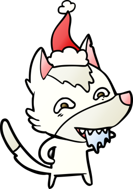 Bir insan tarafından çizilmiş Noel Baba şapkası giymiş aç bir kurdun el çizimi karikatürü.