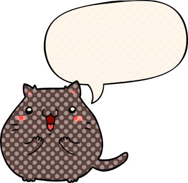 Bir insan tarafından çizilmiş çizgi roman tarzında konuşma balonu olan mutlu çizgi film kedisi.