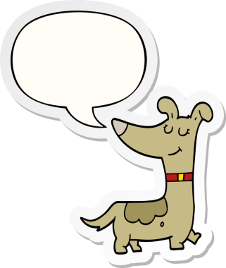 Bir insan tarafından çizilmiş konuşma balonu çıkartmalı çizgi film köpeği.