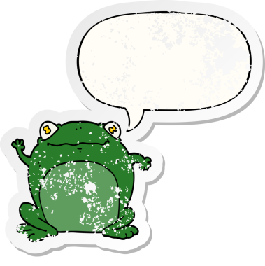 Konuşma baloncuğu olan karikatür kurbağası bir insan tarafından çizilmiş sıkıntılı eski bir çıkartma