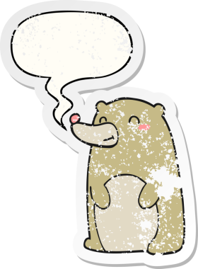 Konuşma baloncuğu olan sevimli çizgi film ayısı bir insan tarafından çizilmiş sıkıntılı eski bir çıkartma