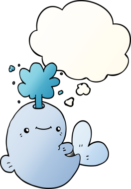 Bir insan tarafından çizilmiş, düşünce baloncuğuyla su fışkırtan çizgi film balinası.