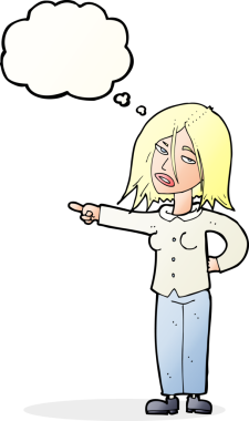 Bir insan tarafından çizilmiş düşünce balonuyla işaret eden çizgi film kadını.