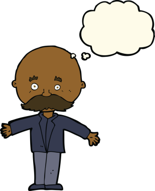 Bir insan tarafından çizilmiş düşünce baloncuğuyla açık kollu kel bir adam.