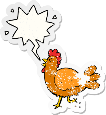 Konuşma baloncuğu olan çizgi film horozu bir insan tarafından çizilmiş sıkıntılı eski bir çıkartma