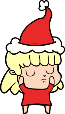 Bir insan tarafından çizilmiş Noel Baba şapkası takan kayıtsız bir kadının el çizimi.