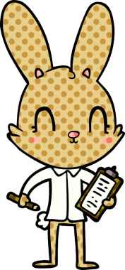 Bir insan tarafından çizilmiş panosu olan sevimli çizgi film tavşanı.