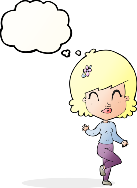 Bir insan tarafından çizilmiş düşünce baloncuğuyla dans eden güzel bir kadın.