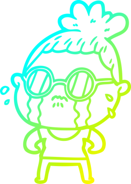 Bir insan tarafından çizilmiş güneş gözlüğü takan, ağlayan bir karikatür çizimi.