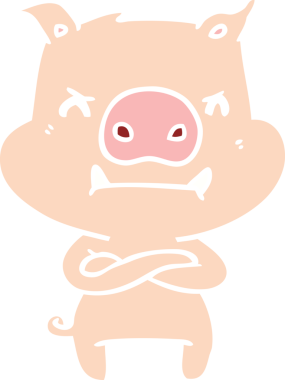 Bir insan tarafından çizilmiş kızgın düz renkli çizgi film domuzu.