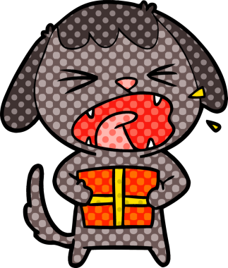 Bir insan tarafından çizilmiş Noel hediyesi olan sevimli bir çizgi film köpeği.