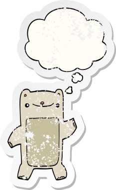 Düşünce baloncuğu olan çizgi film ayısı insan tarafından çizilmiş yıpranmış bir çıkartma.