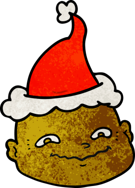 Bir insan tarafından çizilmiş Noel Baba şapkası giymiş kel bir adamın el çizimi karikatürü.