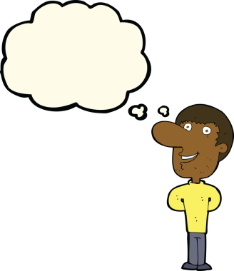 Bir insan tarafından çizilmiş düşünce balonlu mutlu adam çizgi filmi.