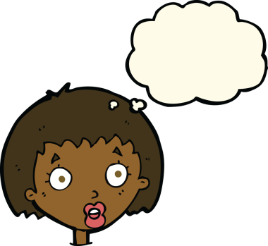 Bir insan tarafından çizilmiş düşünce baloncuğuyla kadın yüzünü şaşırtan çizgi film.