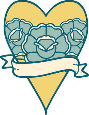 İkonik dövme stili bir kalp ve bir insan tarafından çizilmiş çiçekli pankart.