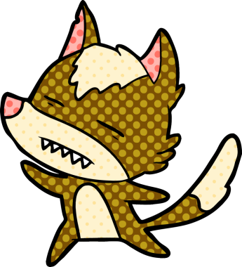 Bir insan tarafından çizilmiş dans ederken dişlerini gösteren bir kurt çizgi filmi.