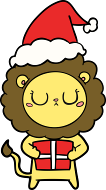 Bir insan tarafından çizilmiş Noel Baba şapkası takan bir aslanın el çizimi.