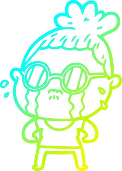 Bir insan tarafından çizilmiş güneş gözlüğü takan, ağlayan bir karikatür çizimi.