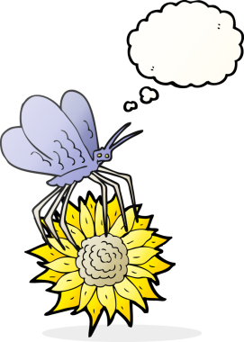 Bir insan tarafından çizilen çiçeğin üzerine serbest çizilmiş düşünce balonu kelebeği.