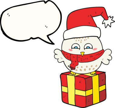 El yazısıyla çizilmiş bir konuşma balonu karikatürü. Bir insan tarafından çizilmiş şirin bir noel baykuşu.