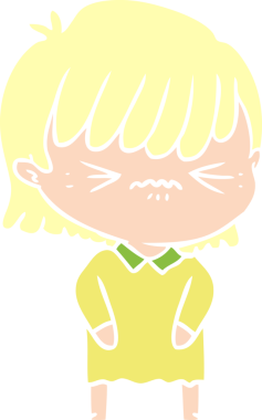 Bir insan tarafından çizilmiş düz renkli çizgi film kızı.