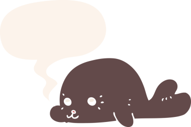 Bir insan tarafından çizilmiş, konuşma baloncuklu bebek fok resmi.