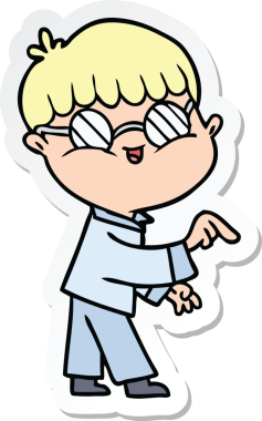 Bir insan tarafından çizilmiş gözlüklü bir çizgi film çocuğunun çıkartması.