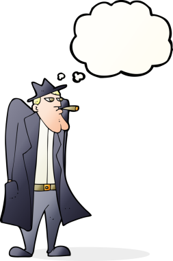 Şapkalı ve trençkotlu çizgi filmci. Düşünce baloncuğu çizen bir insan.