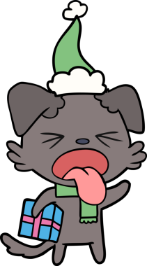 Bir insan tarafından çizilmiş Noel Baba şapkası giymiş tiksinmiş bir köpeğin el çizimi.