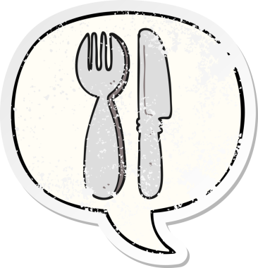 Çizgi film bıçağı ve çatal ile konuşma baloncuğu bir insan tarafından çizilmiş sıkıntılı eski bir çıkartma