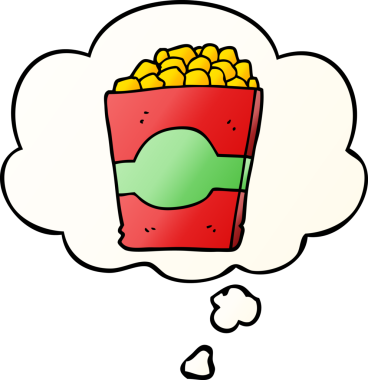 Düşünce baloncuklu çizgi film patlamış mısırı bir insan tarafından çizildi.